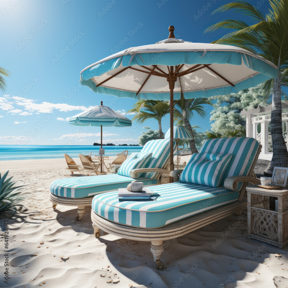  A tropical beach with sunbeds under parasols
