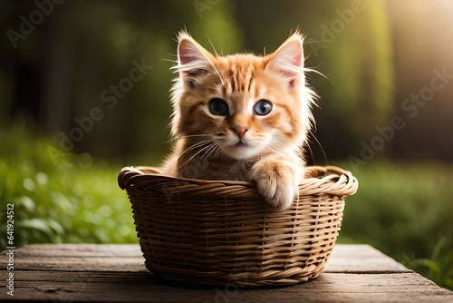 a cute little domestic kitten with blue eyes sitting in a basket, © Sameena