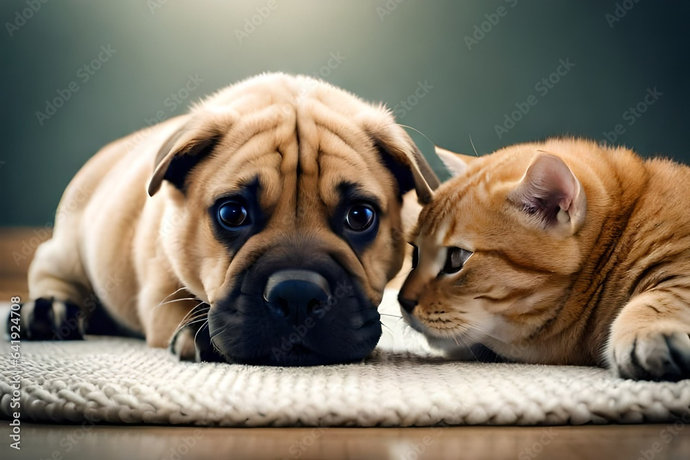 Shar-pei puppy and British shorthair kitten lying on a rug 