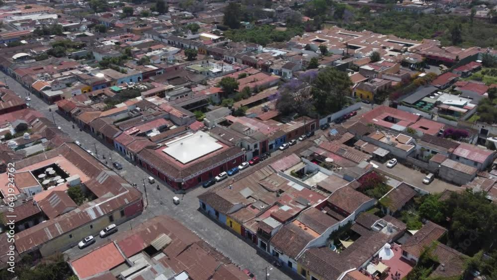 Aerial view: Charming old town cobbled streets of Antigua, Guatemala Aerial view: Charming old town cobbled streets of Antigua, Guatemala