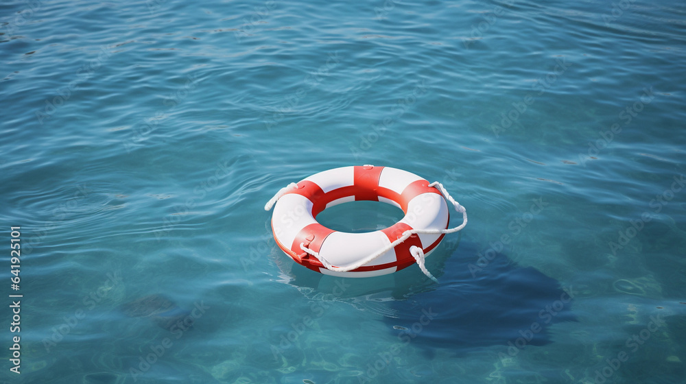 Naklejka premium A Red and White Life Preserver Floating on Calm Blue Water, Ensuring Peaceful Waters