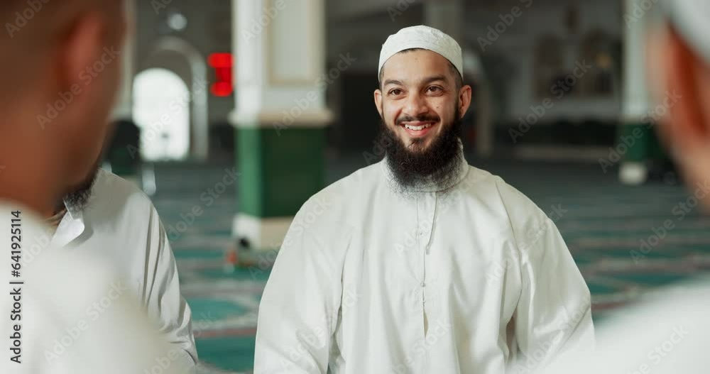 Faith, islamic or men in a mosque for praying, peace and spiritual care in holy religion for Allah. Eyes closed, Ramadan, meditaion or happy Muslim people with trust, hope or gratitude to worship God