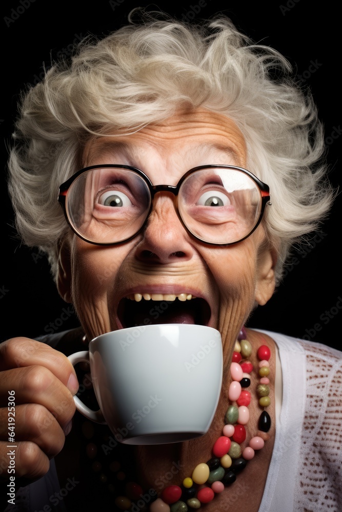 Excited granny drinks a morning energetic coffee. Generative AI Excited granny drinks a morning energetic coffee. Generative AI