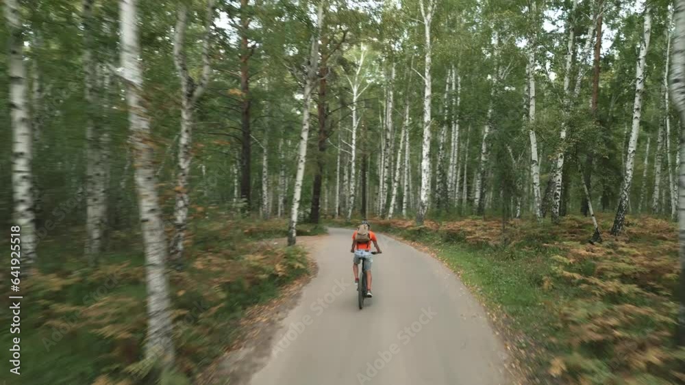A tourist cyclist in a helmet with a backpack walks along the road in a picturesque forest on a mountain bike. Shooting from a drone from the back A tourist cyclist in a helmet with a backpack walks along the road in a picturesque forest on a mountain bike. Shooting from a drone from the back