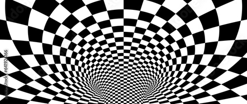 Abstract hypnotic warp checkered background. Black and white check wallpaper. Psychedelic twisted square pattern. Rotating template for posters, banners, cover. Vector optical illusion