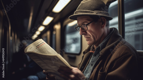 通勤中に電車内で新聞を読む白人の高齢者男性 