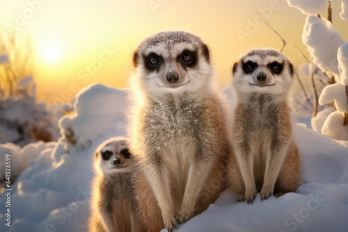 Arctic meerkat family on the snow