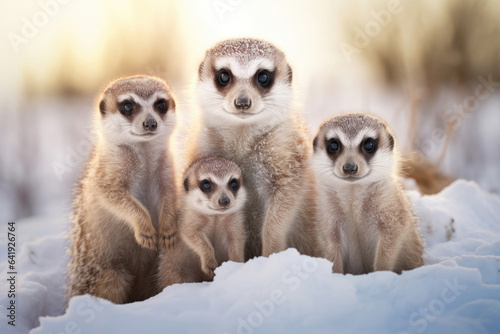 Arctic meerkat family on the snow