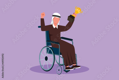 Graphic flat design drawing happy Arabian sporty man in wheelchair hold golden cup trophy winner podium. Disabled person. Tournament game competition, sport training. Cartoon style vector illustration