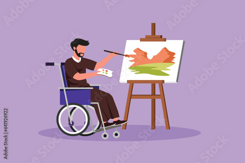 Graphic flat design drawing of disabled Arabian man in wheelchair painting landscape on canvas. Rehabilitation physiotherapy treatment. Physical disability activity. Cartoon style vector illustration