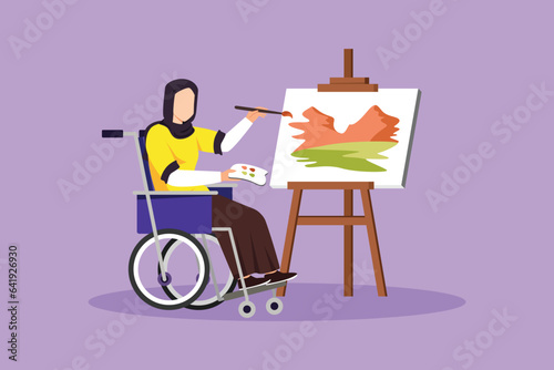 Graphic flat design drawing disabled Arabian woman in wheelchair painting landscape on canvas. Rehabilitation physiotherapy treatment. Physical disability activity. Cartoon style vector illustration