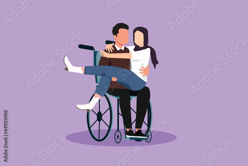 Cartoon flat style drawing disabled Arabian man carrying beautiful woman in wheelchair. Happy couple at wedding celebration. Male with special needs in wheelchair. Graphic design vector illustration