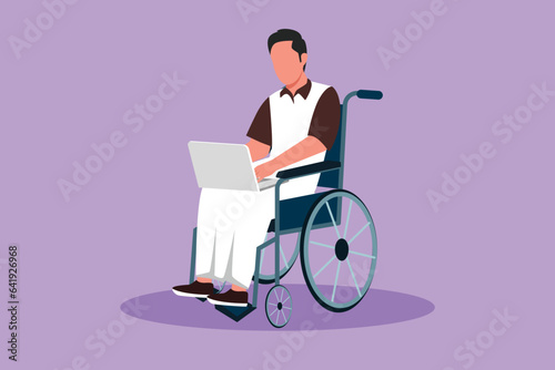 Cartoon flat style drawing disabled Arab man working on laptop. Wheelchair, idea, computer. Freelance, disability. Online job, startup. Physical disability society. Graphic design vector illustration