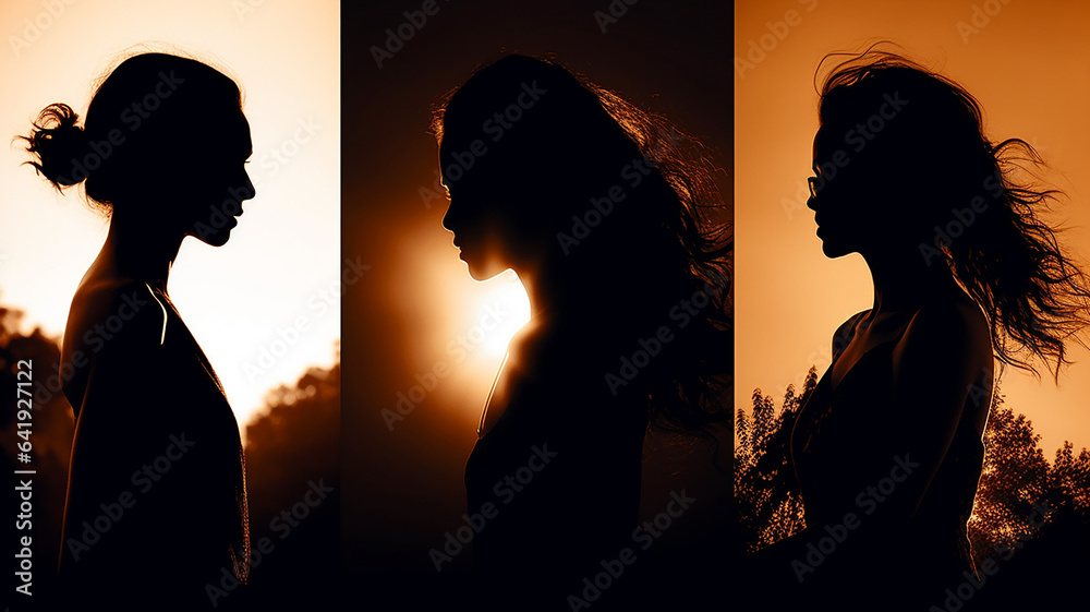 夕日の中にある女性の横顔のシルエット（悲しい・祈り・病気・メンタルヘルス・生理・命）

