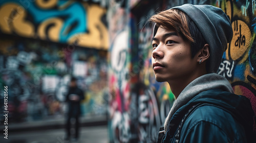 原宿・渋谷のグラフィティの前に立つストリート系の若者・サブカル・サブカルチャー 