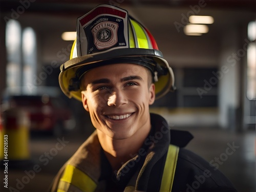 portrait of a smiling firefighter in helmet