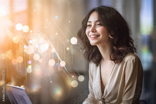 Amidst vivid orange light effects, a young technologist woman works diligently on her laptop indoors, seamlessly blending technology into her life. Generative AI. © Surachetsh