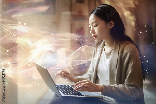 Amidst vivid orange light effects, a young technologist woman works diligently on her laptop indoors, seamlessly blending technology into her life. Generative AI.