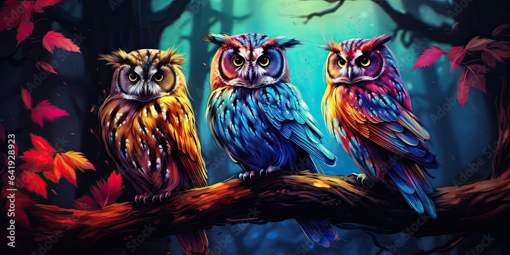illustration of owls in a forest, generative AI illustration of owls in a forest, generative AI