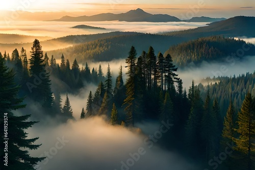 Mist weaves through the coniferous giants, creating an enchanting aura within the serene embrace of the temperate forest