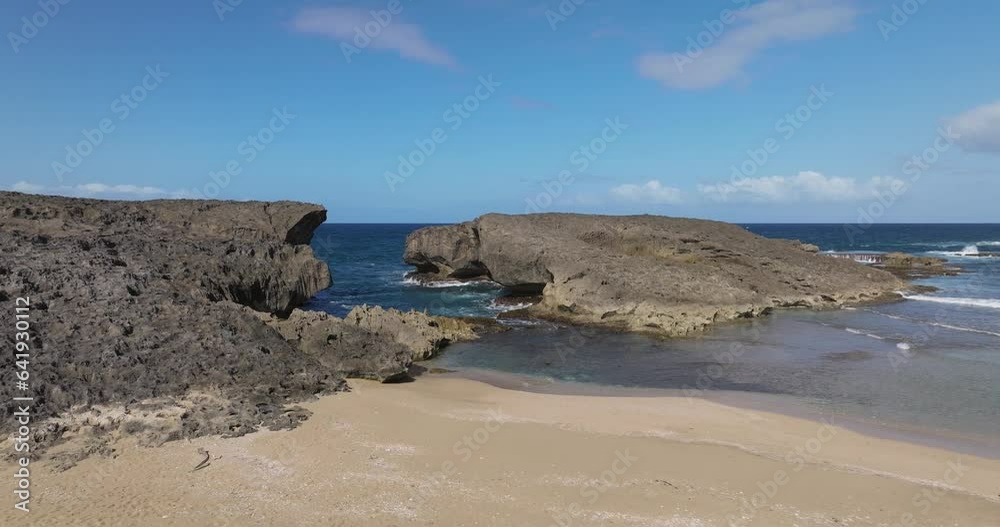 Rocky Shore formation at the Beach on Arecibo Puerto Rico with waves hitting the rocks