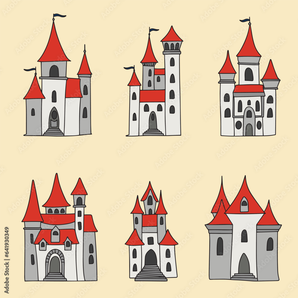 Collection of castles colored outline. Hand drawn castle in doodle style isolated on white background. Vector illustration.
