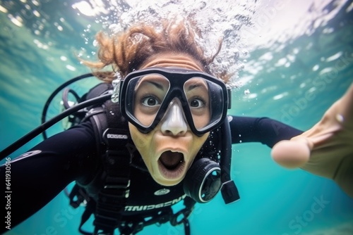 Surprised woman diving underwater. Generative AI © piai