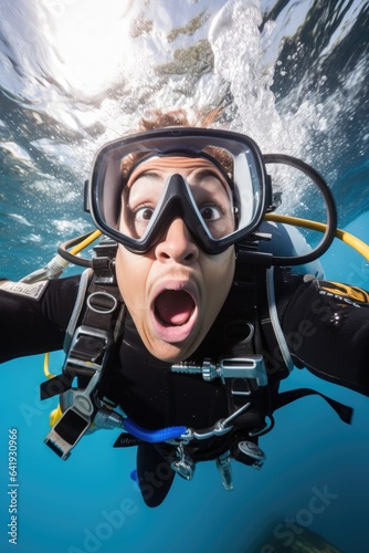 Surprised man diving underwater. Generative AI