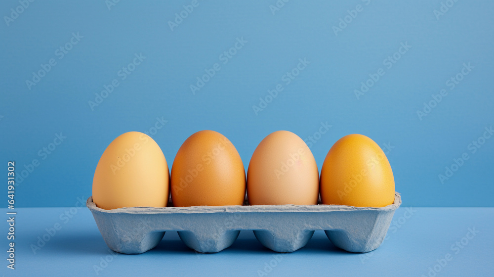 Four Eggs Nestled in a Yellow Box on a Playful Blue and Yellow Canvas, Crafting a Vivid Ode to Freshness Four Eggs Nestled in a Yellow Box on a Playful Blue and Yellow Canvas, Crafting a Vivid Ode to Freshness