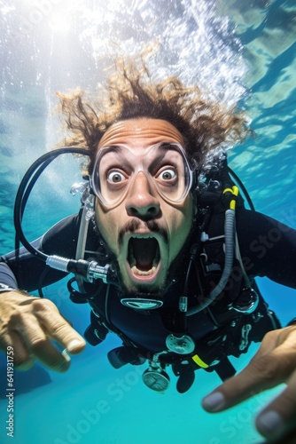 Surprised man diving underwater. Generative AI © piai