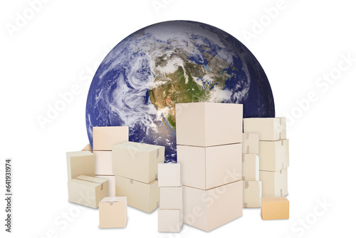Digital png illustration of packing boxes and globe on transparent background