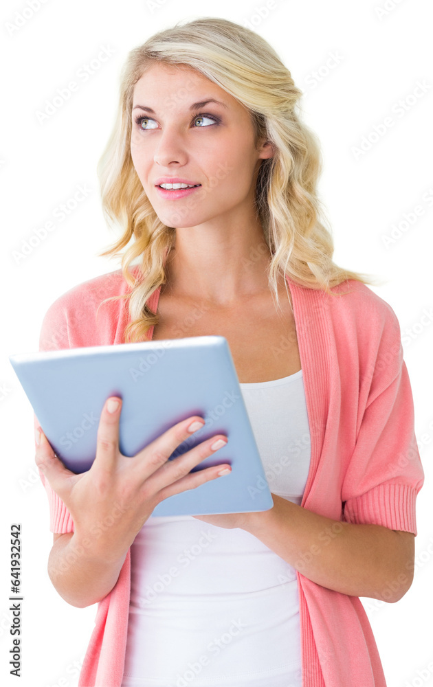 Digital png photo of caucasian woman using tablet on transparent background Digital png photo of caucasian woman using tablet on transparent background