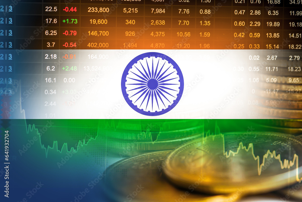 India flag with stock market finance, economy trend graph digital technology. - obrazy, fototapety, plakaty 