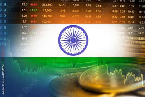 India flag with stock market finance, economy trend graph digital technology.