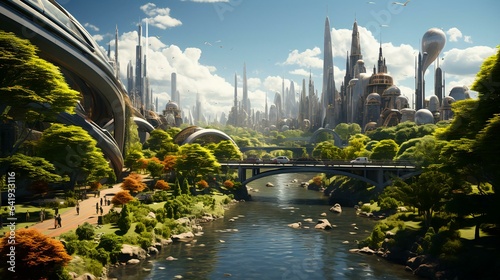 Green environmentally friendly city of the future with many green plants and alternative energy