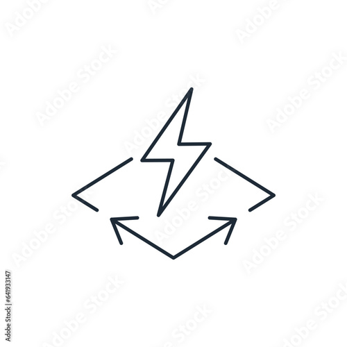 A place with lightning limited by arrows pointers. Conflict zone. Dangerous territory. Vector linear icon isolated on white background.