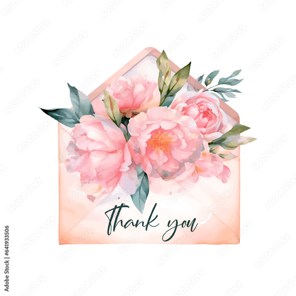 A watercolour envelope with peonies and the inscription thank you. Hand drawn vintage illustration for stickers, postcards, print on clothes, stamp