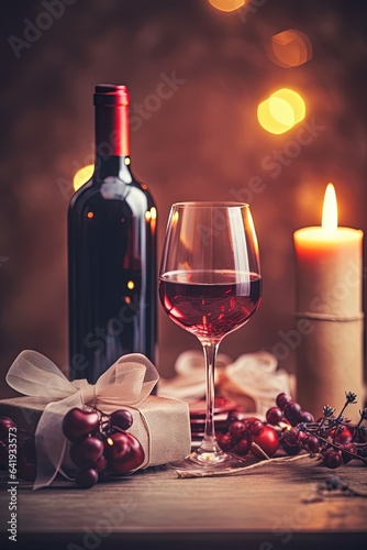 Romantic evening setting with glass of red wine and candle lights.