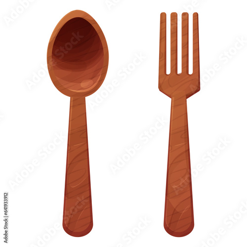 Wooden spoon and fork top view cartoon style, textured soup traditional cultery isolated on white background. 