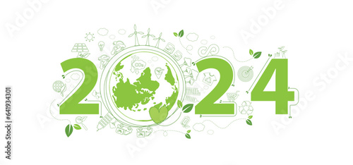 2024 New year, Eco friendly, Sustainability planning concept with globe and World environmental green doodle icons drawing set on white background ,Vector illustration