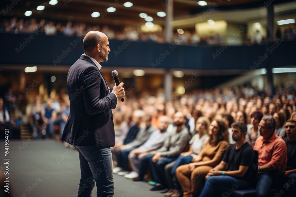 Fototapeta premium Male speaker holding a microphone conveying knowledge to the audience in the auditorium. Man presenter speaks to audience at seminar in the conference hall.