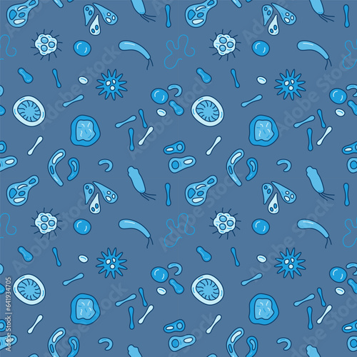 Bacteria Blue Seamless Pattern - Biology and Science concept vector background
