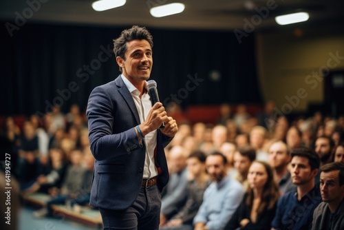 Male speaker holding a microphone conveying knowledge to the audience in the auditorium. Man presenter speaks to audience at seminar in the conference hall.
