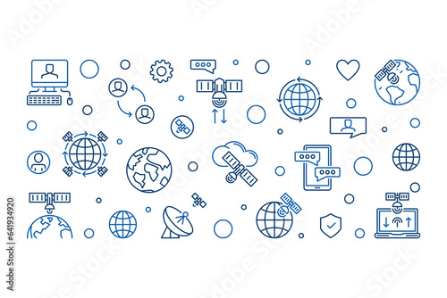 Internet Access via Satellite vector outline banner - Communication Technology horizontal illustration