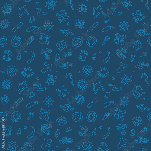 Microbe and Bacteria vector blue modern outline seamless pattern