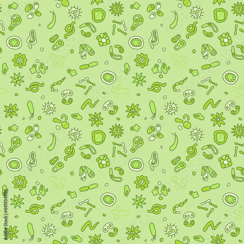 Microbe and Bacteria vector Biology and Medicine concept green seamless pattern