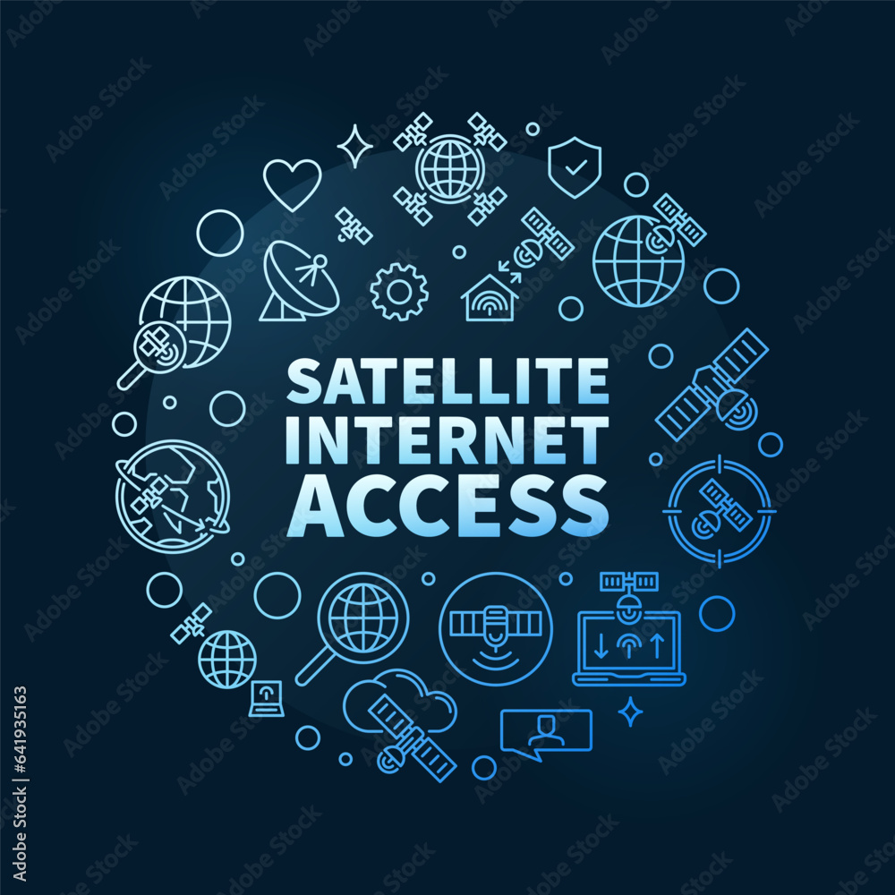 Satellite Internet Access vector thin line blue round banner - Communication Network concept illustration