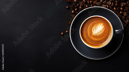 A top view cup of coffee with brown coffee seeds granule. Generative Ai