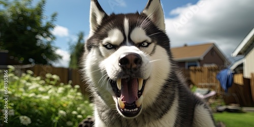 illustration of angry dog in back yard photorealistic, generative AI