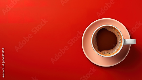 Minimalist cup of coffee on red background advertising photography top view. Generative Ai